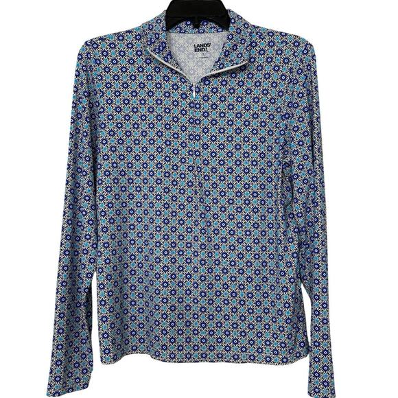 Land’s End Blue Geometric Print 1/4 Zip  Swim Shirt Rashguard UPF 50 Small - Picture 1 of 11